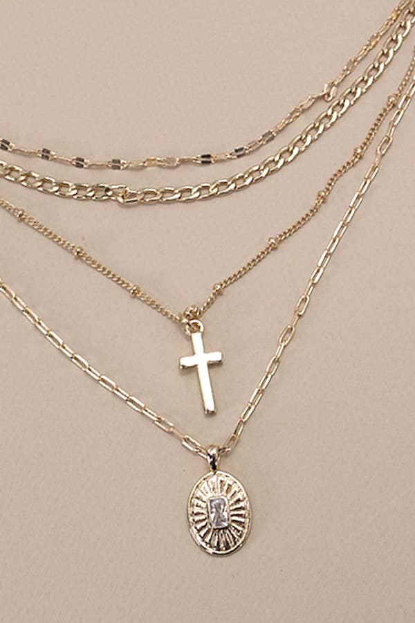 Multilayer Cross & Oval Necklace