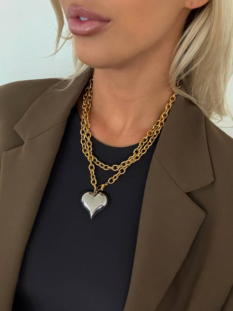 Silver + Gold Heart Long Chain