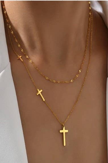 18K Gold Double Cross Necklace