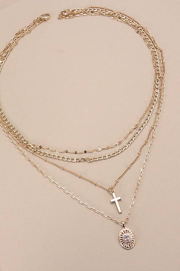 Multilayer Cross & Oval Necklace