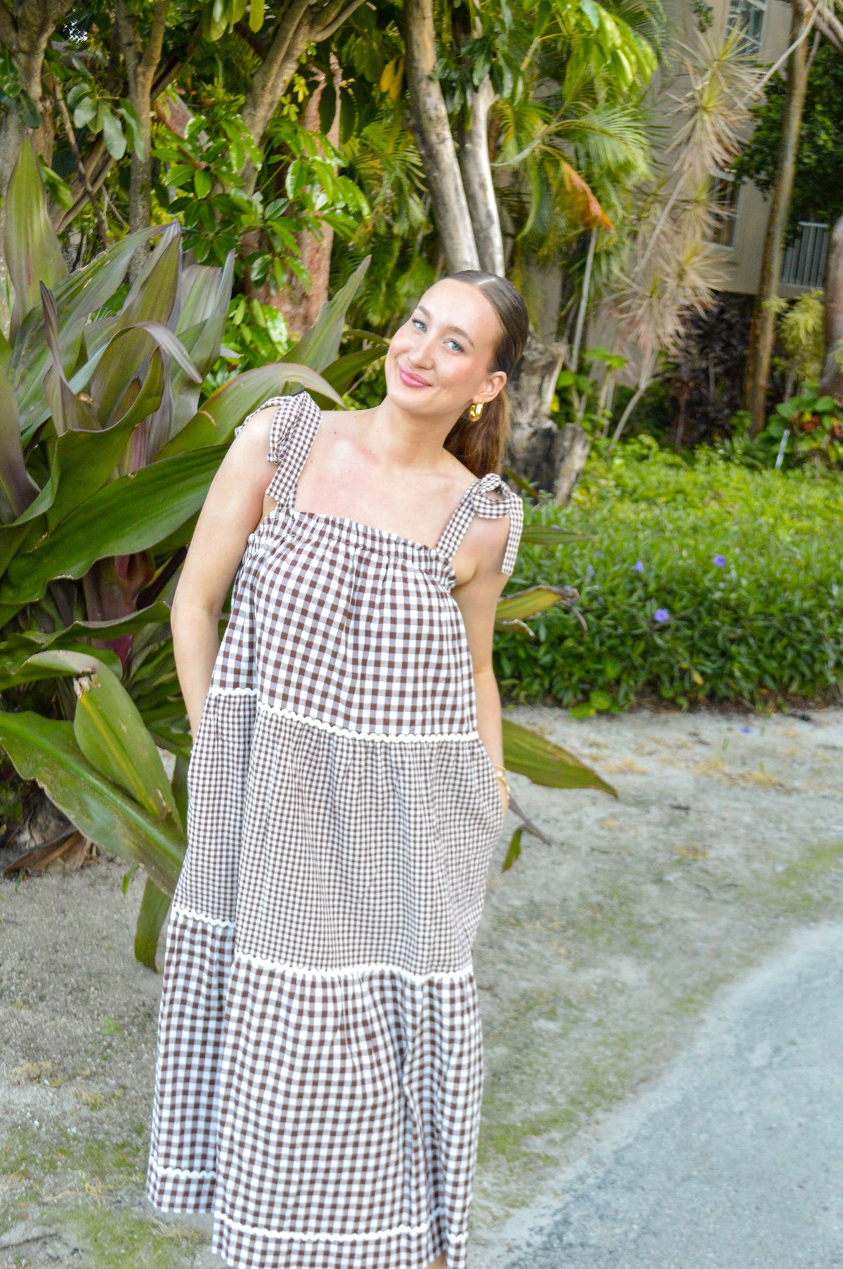 Brown gingham long maxi dress with bows
