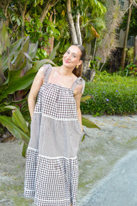 Brown gingham long maxi dress with bows