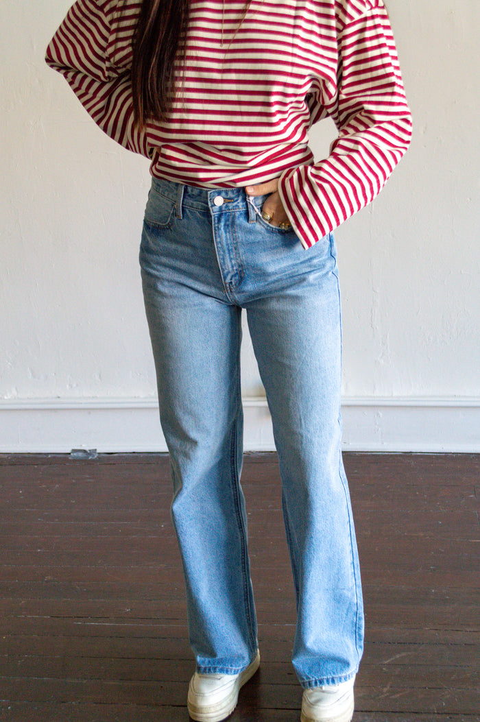 High rise denim jeans wide leg women’s boutique clothing Vicky Jane Boutique
