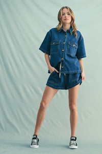 Denim set shorts and button up