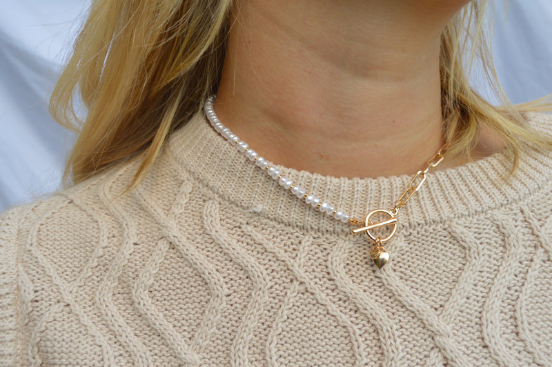 Gold Pearl Heart Chain Necklace