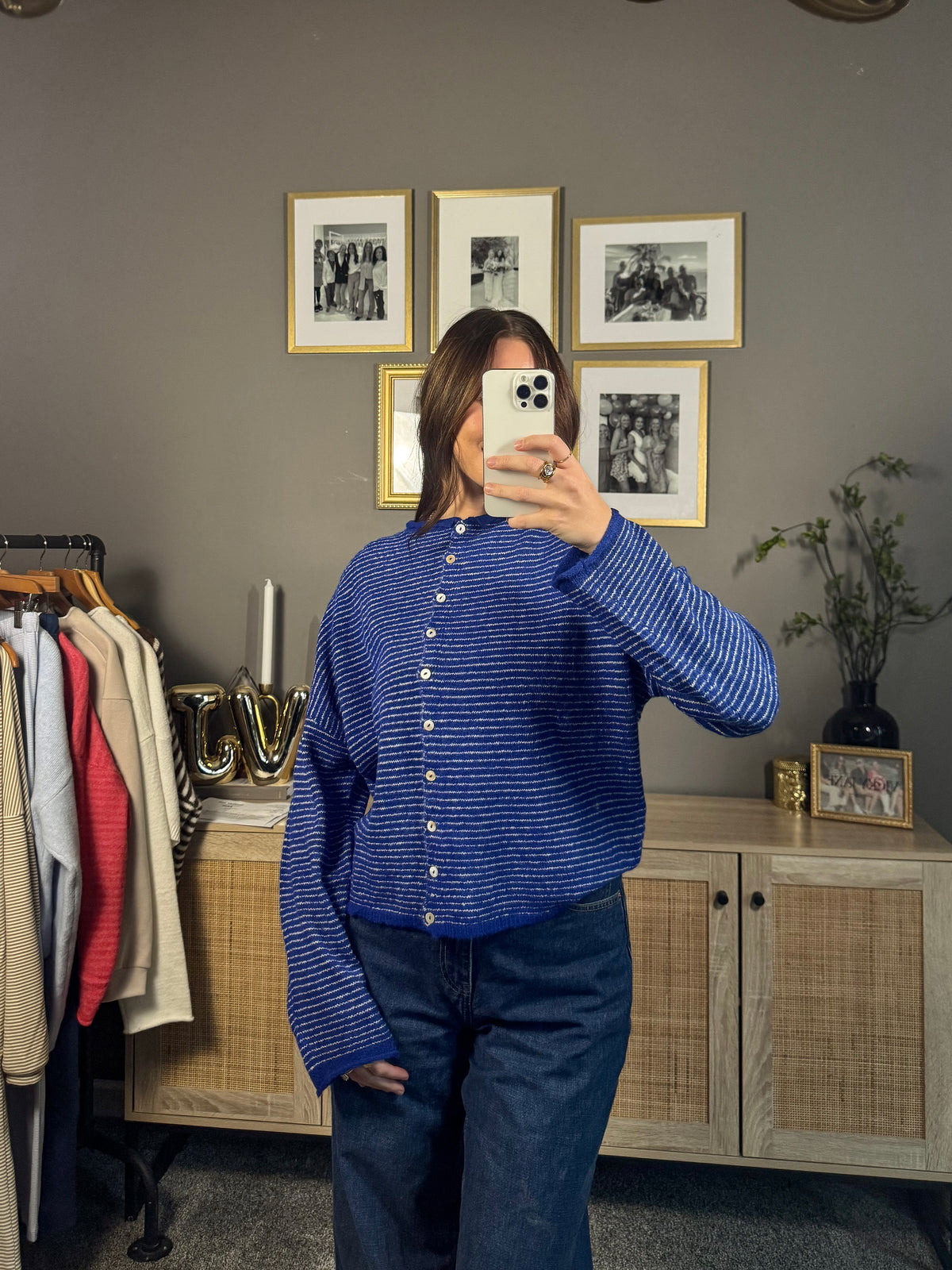 Dusty blue oversized pin stripe cardigan women’s boutique clothing Vicky Jane Boutique