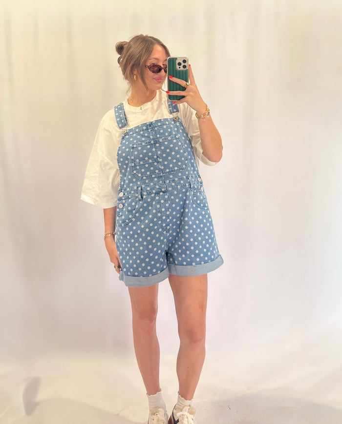 Polkadot denim short overalls 