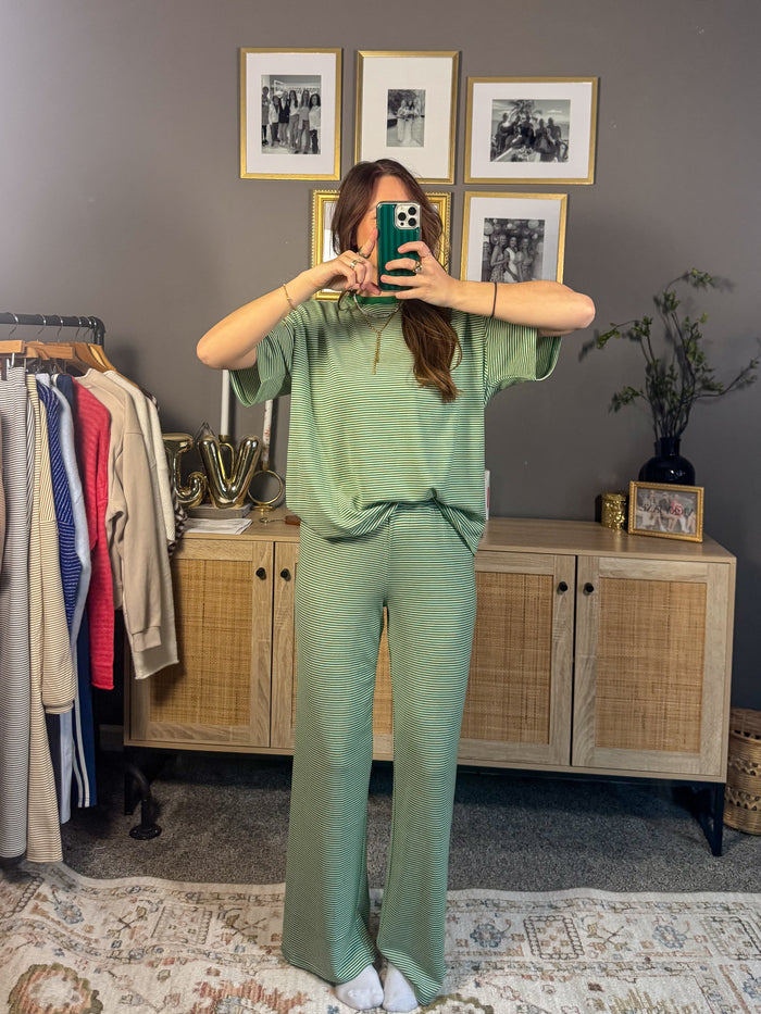 Striped lounge pants elastic waist relaxed fit women’s boutique clothing Vicky Jane Boutique