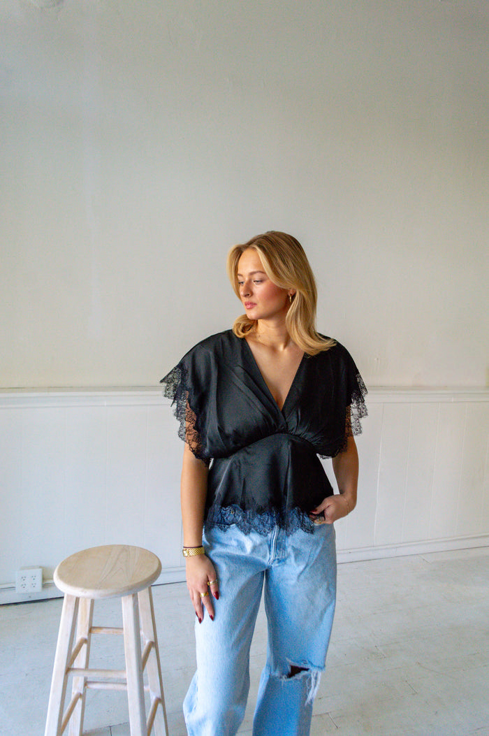 Black lace top
Satin lace blouse
V-neck lace trim top
Flutter sleeve blouse
Date night top for women
Dressy casual women’s to