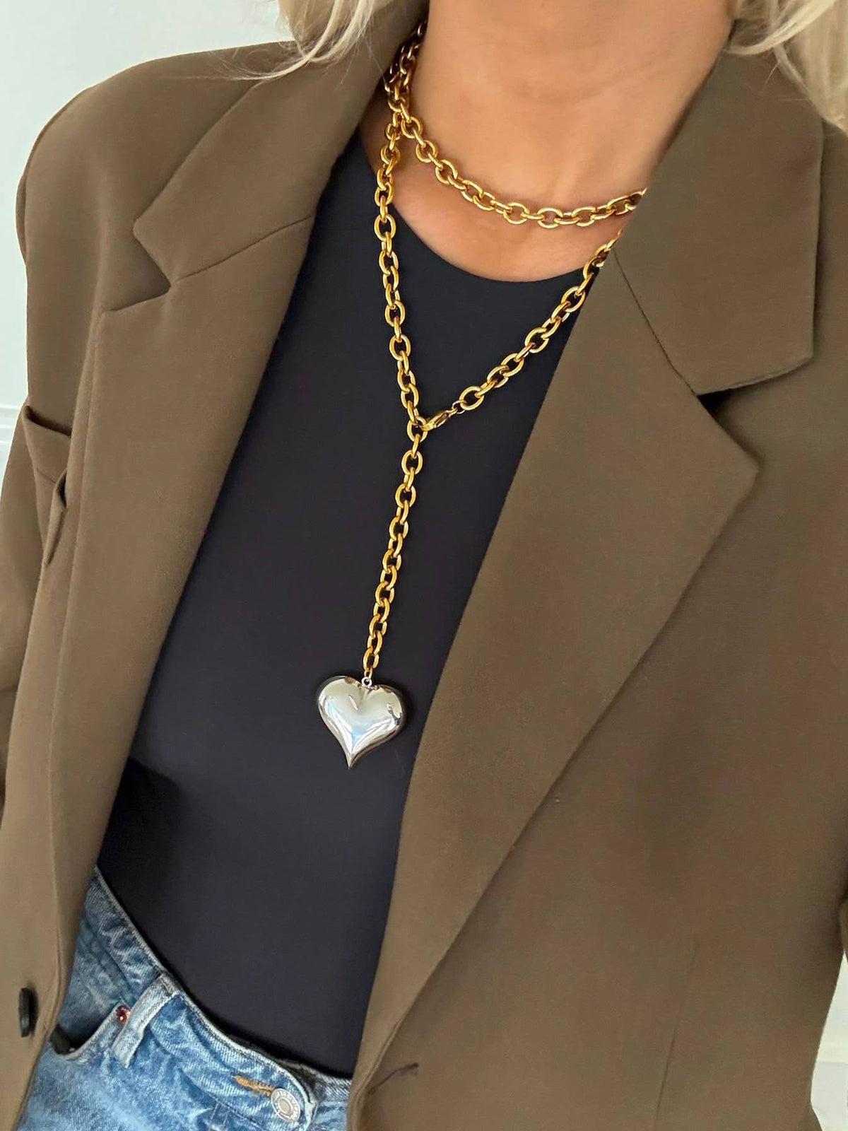 Silver + Gold Heart Long Chain