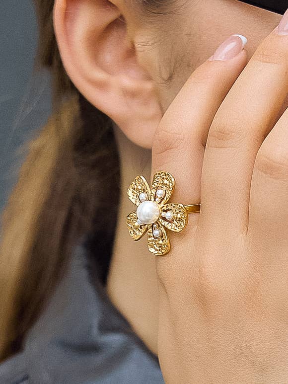 Eze 18K Gold Non-Tarnish Pearl Flower Statement Ring